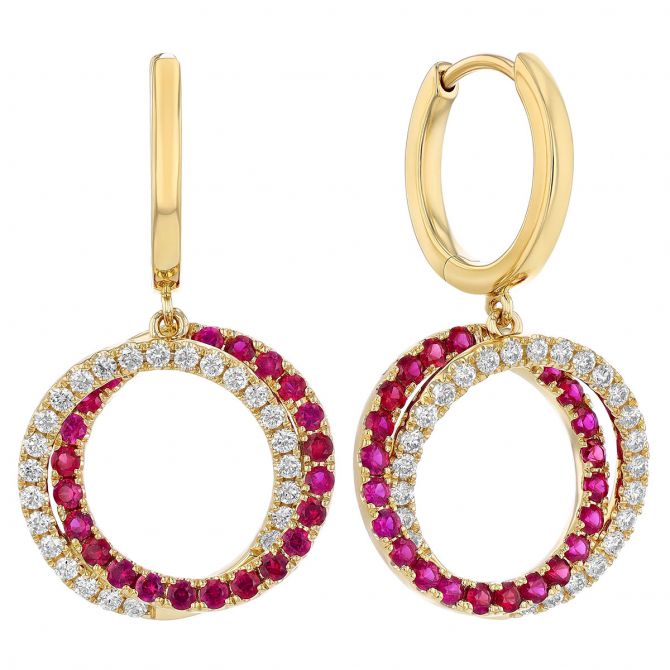 Ruby & Diamond Open Circle Intertwined Dangle Hoop Earrings in Yellow Gold