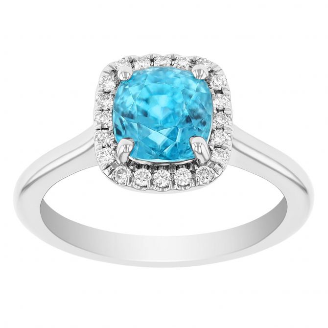 Cushion Blue Zircon & Diamond Halo Ring in White Gold