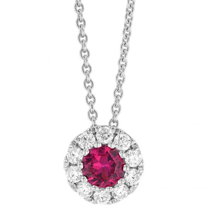 Round Ruby & Diamond Halo Pendant in White Gold, 17"