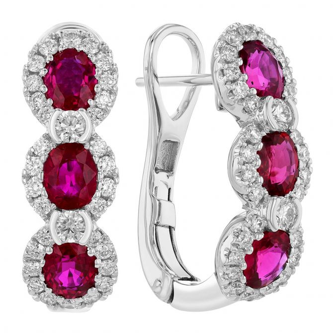 Oval Ruby & Diamond Halo Trio J-Hoop Earrings in White Gold