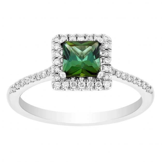 Princess Cut Green Tourmaline & Diamond Halo Ring in White Gold