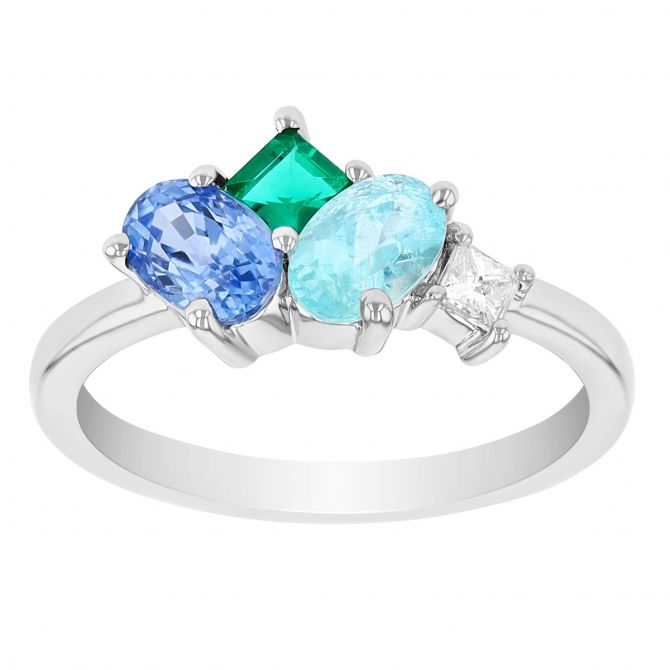 Paraiba Tourmaline, Sapphire, Emerald & Diamond Multi Shape Cluster Ring in  White Gold