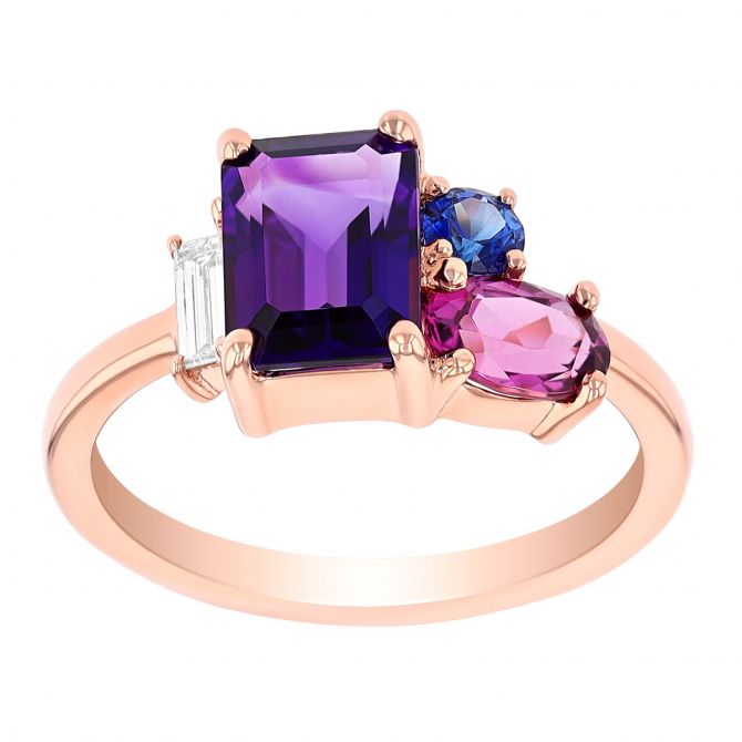 Amethyst, Garnet, Sapphire & Diamond Multi Shape Cluster Ring in Rose Gold