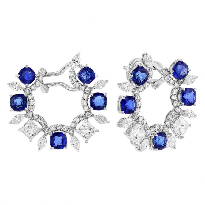 Sapphire & Diamond Open Star Post Earrings in White Gold