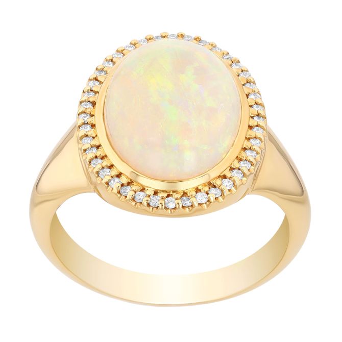 Oval Opal & Diamond Halo Cocktail Ring in Yellow Gold