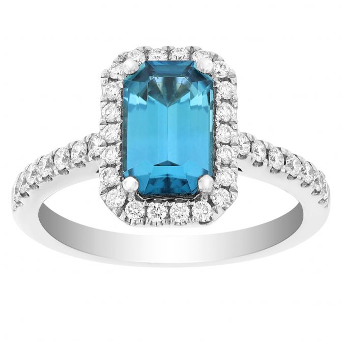 Emerald Cut Tourmaline & Diamond Halo Ring in White Gold