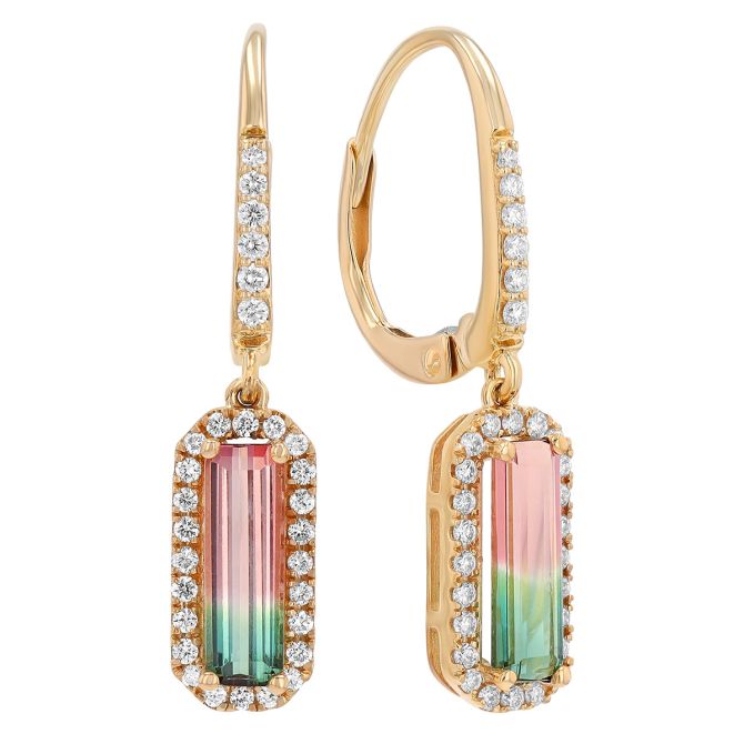 Emerald Cut Watermelon Tourmaline & Diamond Halo Dangle Hoop Earrings in Yellow Gold