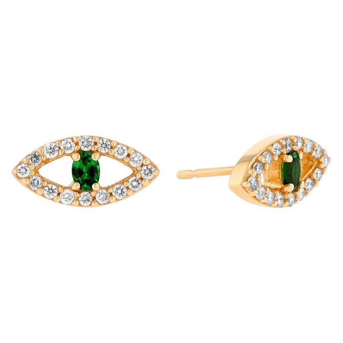 Oval Tsavorite Garnet & Diamond Halo Eye Stud Earrings in Yellow Gold