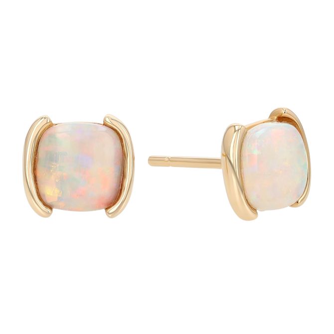 Cushion Cabochon Opal Half Bezel Stud Earrings in Yellow Gold