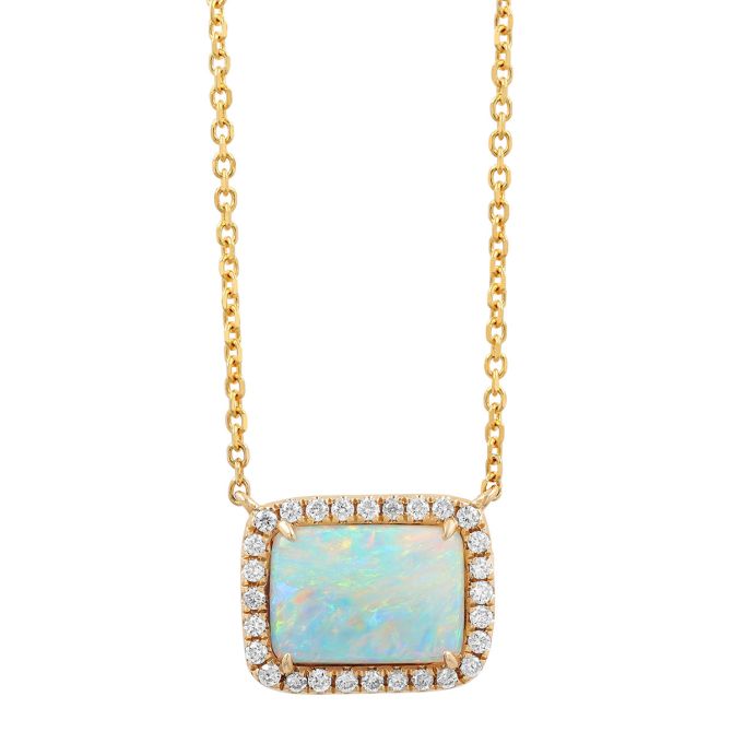 Rectangular White Opal & Diamond Halo Necklace in Yellow Gold