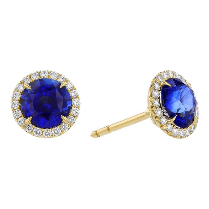 Omi Prive Round Sapphire & Diamond Halo Stud Earrings in Yellow Gold