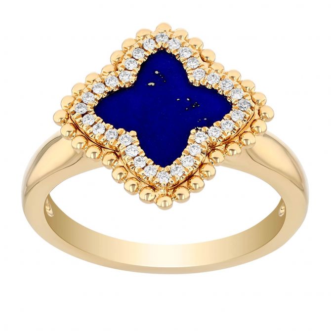 Doves Lapis Lazuli Quatrefoil Ring with Diamond & Milgrain Bead Halo in Yellow Gold