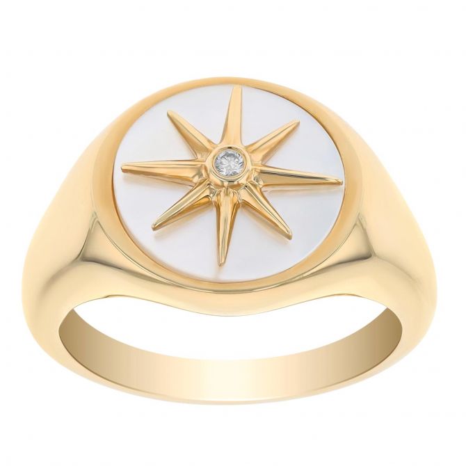 Doves Mother of Pearl & Diamond Starburst Signet Ring in Yellow Gold