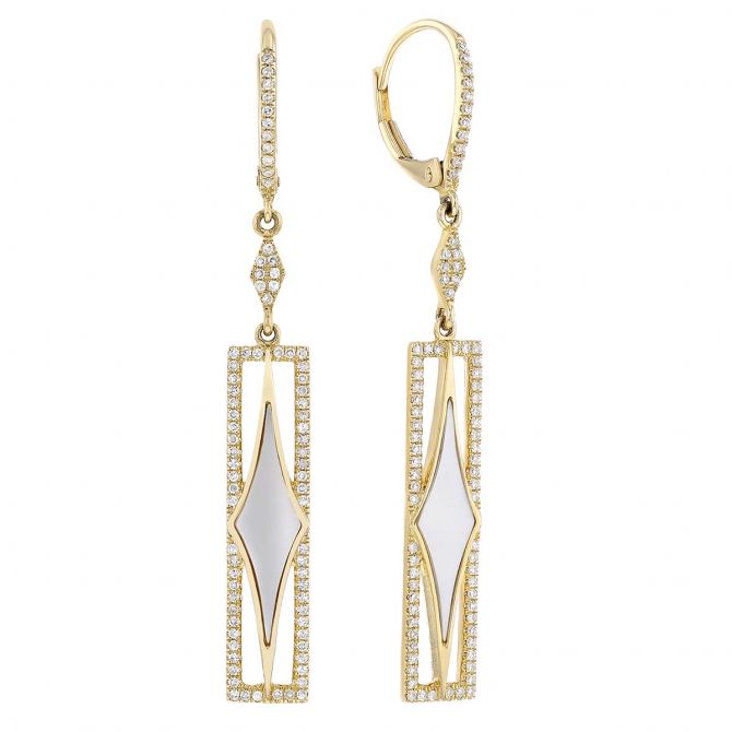 Doves Mother of Pearl & Diamond Rectangular Dangle Hoop Earrings in Yellow Gold