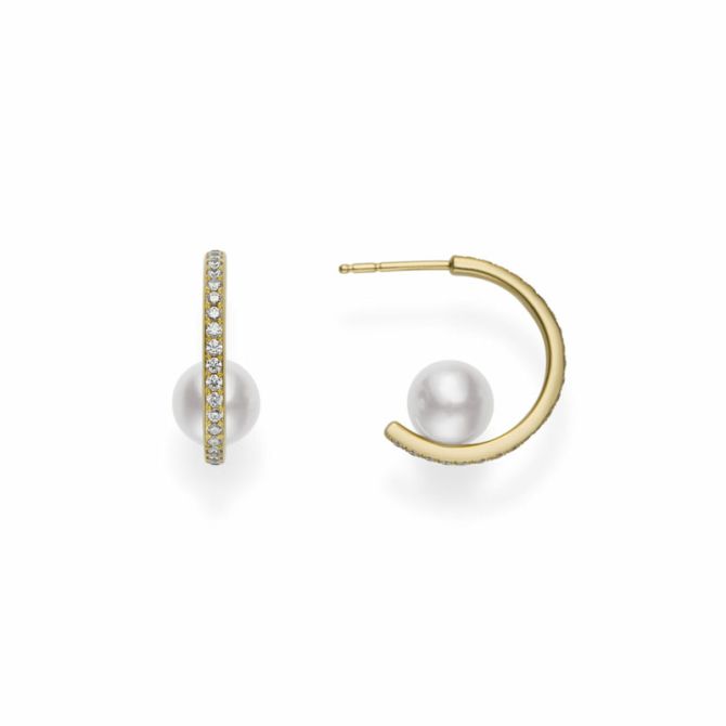 Mikimoto Akoya Cultured Pearl & Diamond Open Hoop Earrings in Yellow Gold