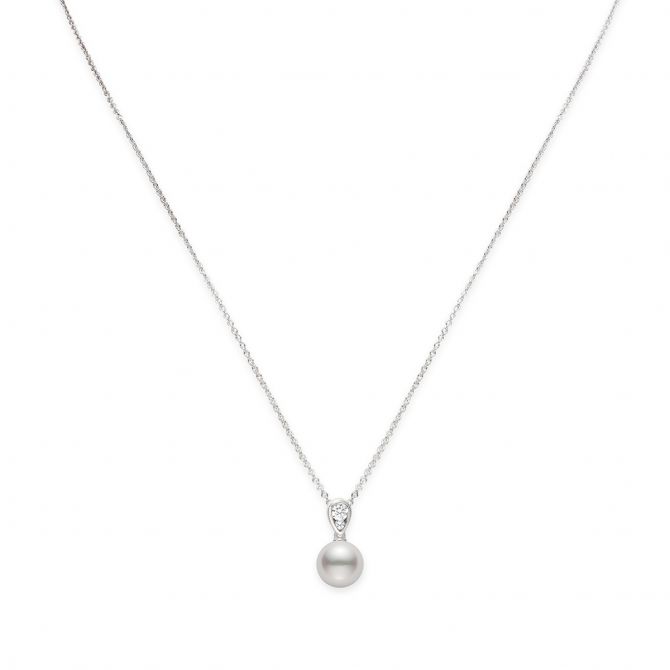 Mikimoto Akoya Single Cultured Pearl Pendant with Double Diamond Bail in White Gold, 18"