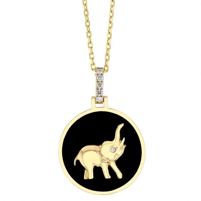 Frederic Sage Elephant Black Onyx Chalcedony, Diamond & Yellow Gold Disc Pendant, 18"