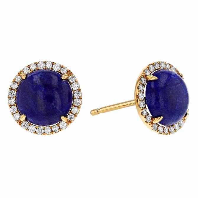 Frederic Sage Lapis Lazuli Cabochon & Diamond Halo Stud Earrings in Yellow Gold