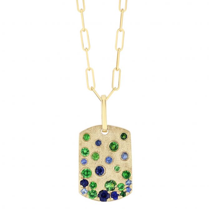 Sapphire & Tsavorite Flush Set Dog Tag Pendant in Yellow Gold, 18"