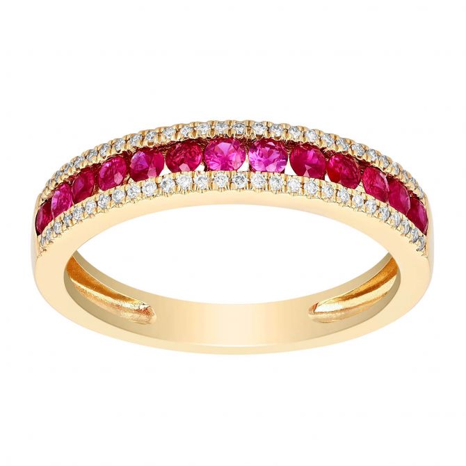 Ruby & Diamond Channel Set 3 Row Band Ring in Yellow Gold