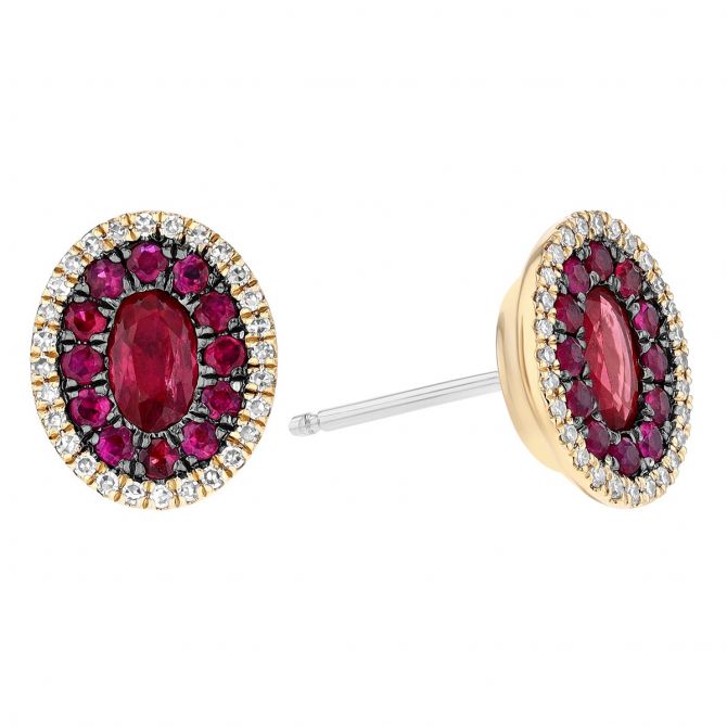 Oval Ruby & Diamond Halo Stud Earrings in Yellow Gold