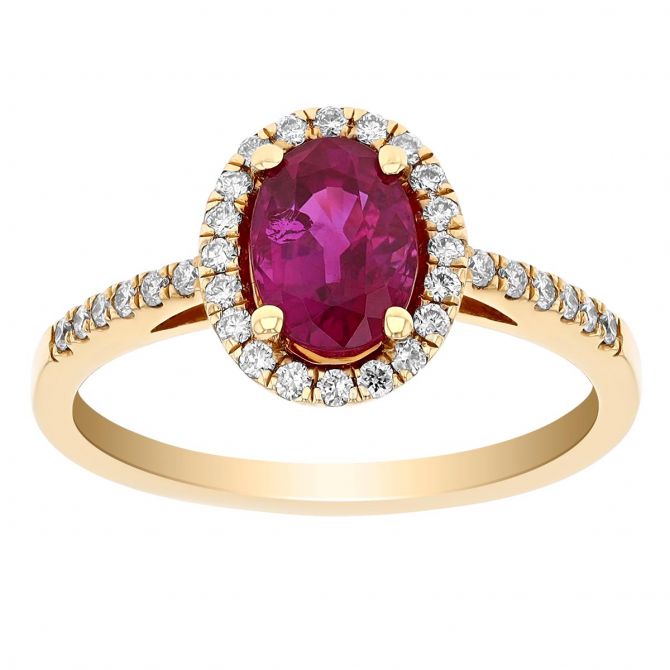 Oval Ruby & Diamond Halo Ring in Yellow Gold