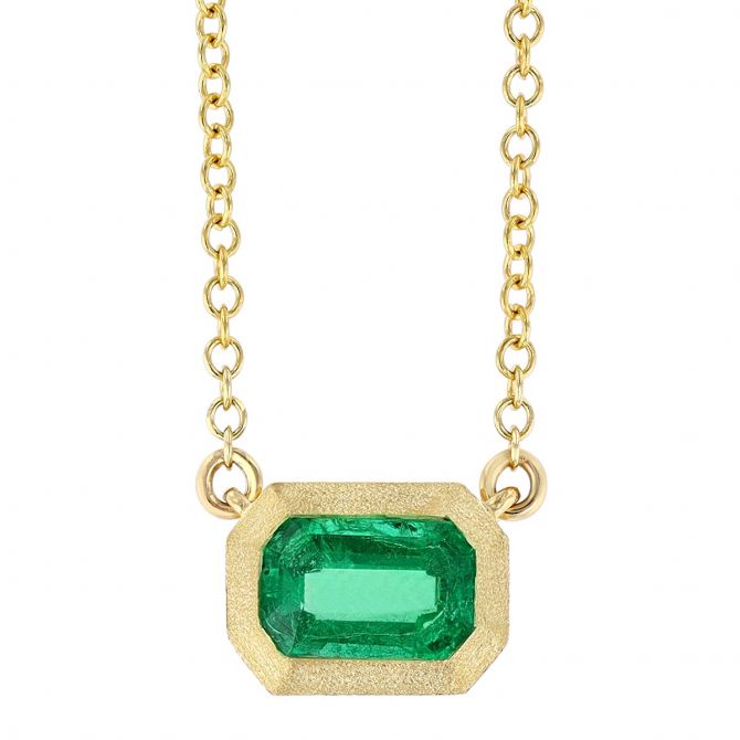 Emerald Cut Emerald Bezel Set Pendant in Yellow Gold, 18"