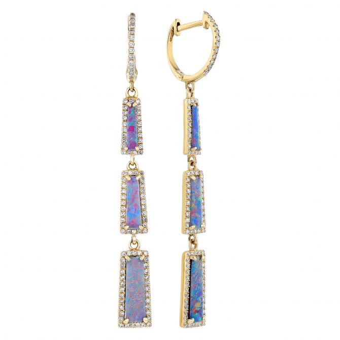 Black Opal & Diamond Halo Rectangular Trio Dangle Hoop Earrings in Yellow Gold