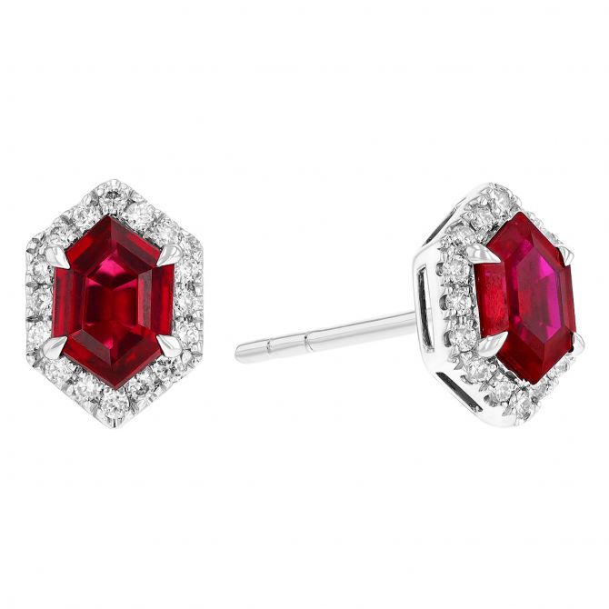 Hexagon Ruby & Diamond Halo Stud Earrings in White Gold