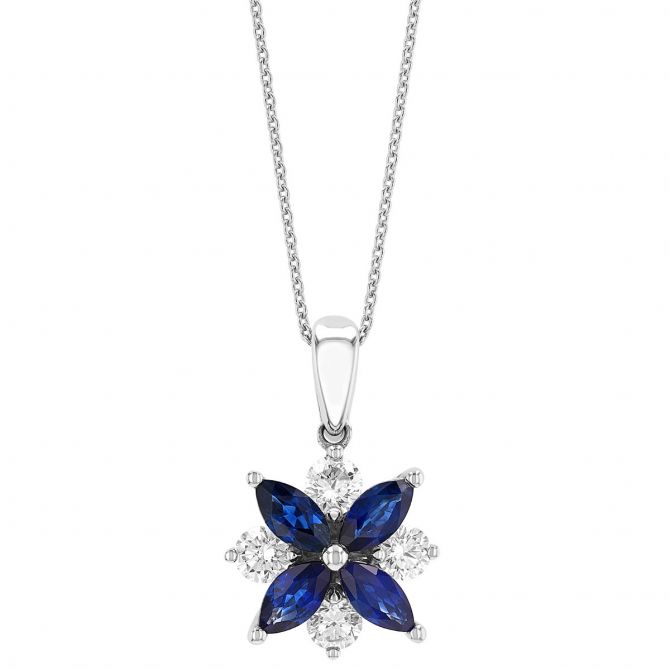 Marquise Sapphire & Diamond Flower Pendant in White Gold