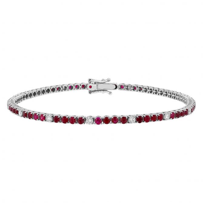 Round Ruby & Diamond Tennis Bracelet in White Gold, 7", 3.74 tw