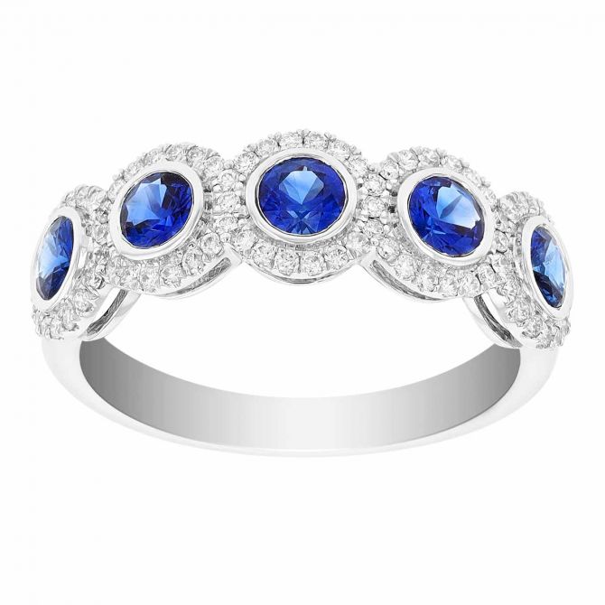 Round Sapphire & Diamond Halo 5 Station Ring in White Gold