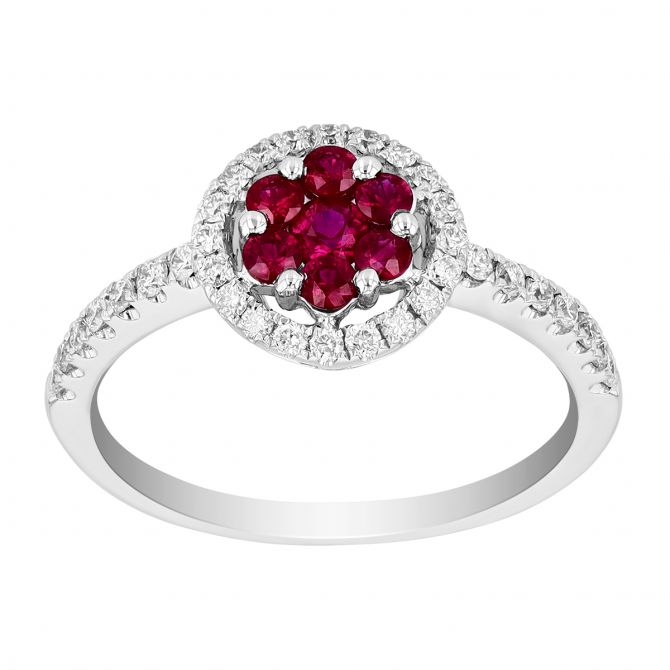 Ruby Cluster & Diamond Halo Ring in White Gold