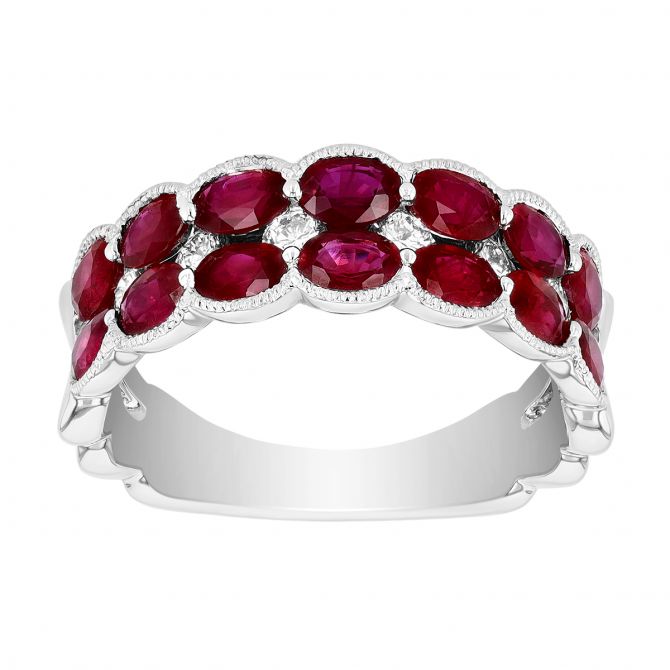 Oval Ruby & Diamond 2 Row Ring with Scalloped Milgrain Edge in White Gold