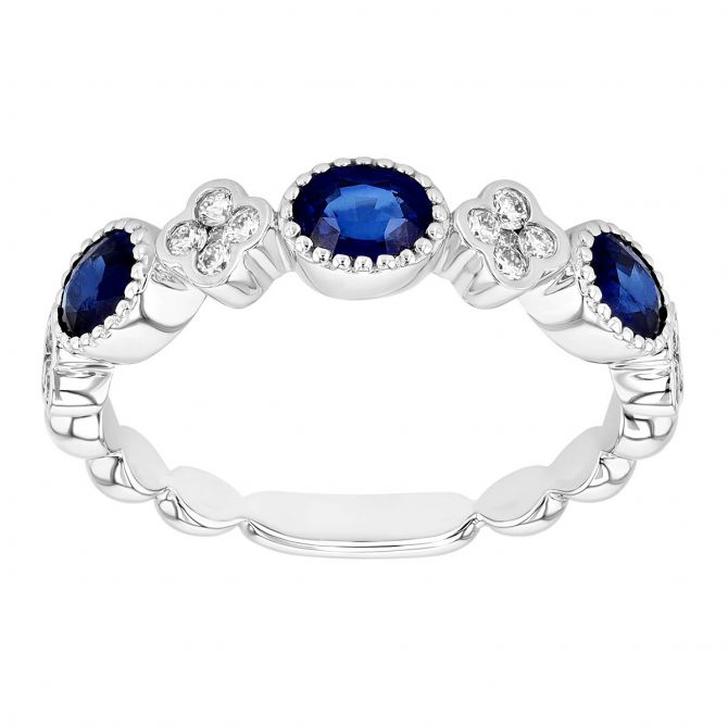 Oval Sapphire & Diamond Cluster Band Ring in White Gold with Milgrain