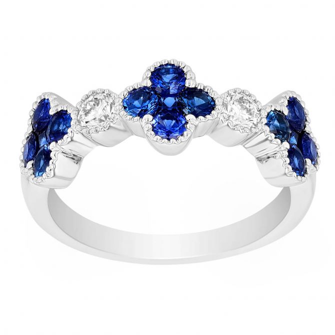 Sapphire Clover & Diamond Band Ring in White Gold with Milgrain