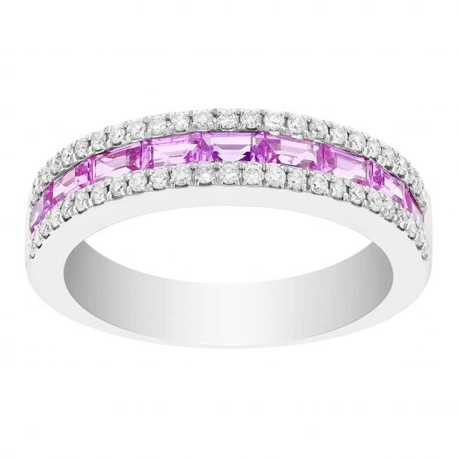 Pink Sapphire Baguette & Diamond 3 Row Band Ring in White Gold