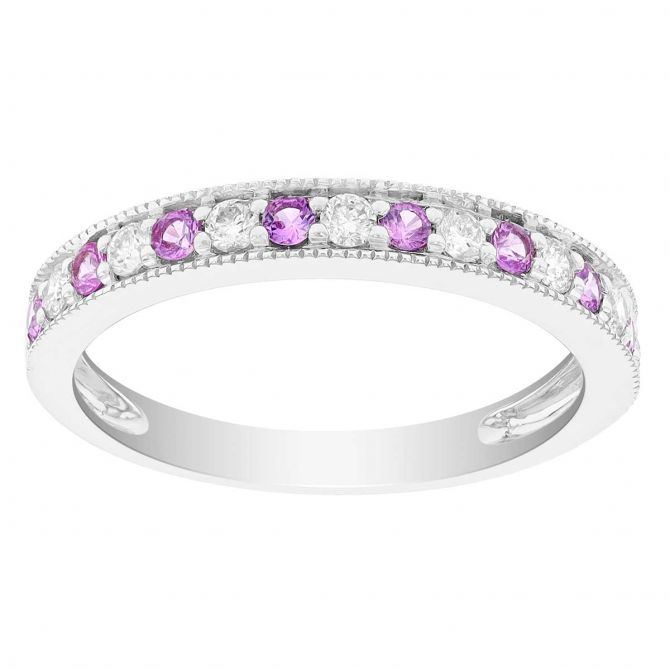 Pink Sapphire & Diamond Alternating Bead Bright Band Ring in White Gold