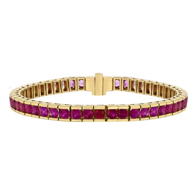 Round Pink Sapphire Channel Set Tennis Bracelet in Yellow Gold, 7"