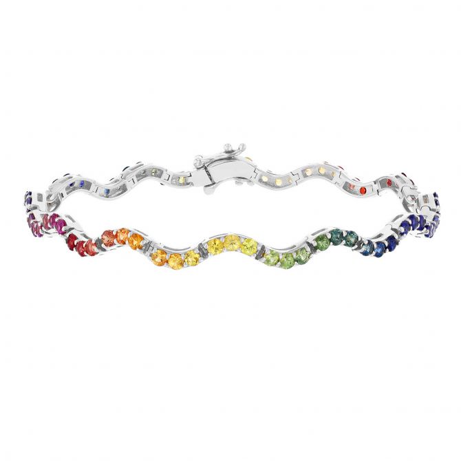 Multicolored Sapphire Wave Bracelet in White Gold, 7"