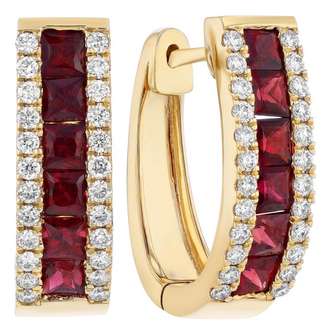 Princess Cut Ruby & Diamond Channel Set Oval Hoop Earrings in Yellow Gold