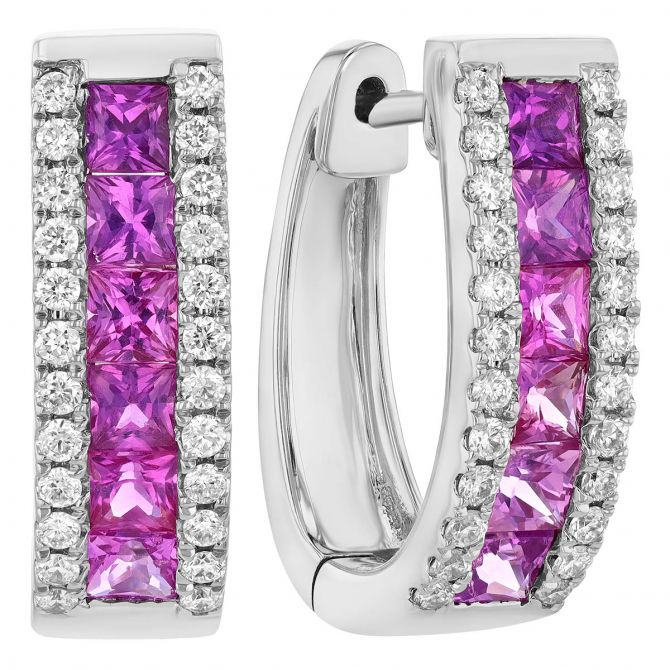 Princess Cut Pink Sapphire & Diamond Channel Set Oval Hoop Earrings in White Gold