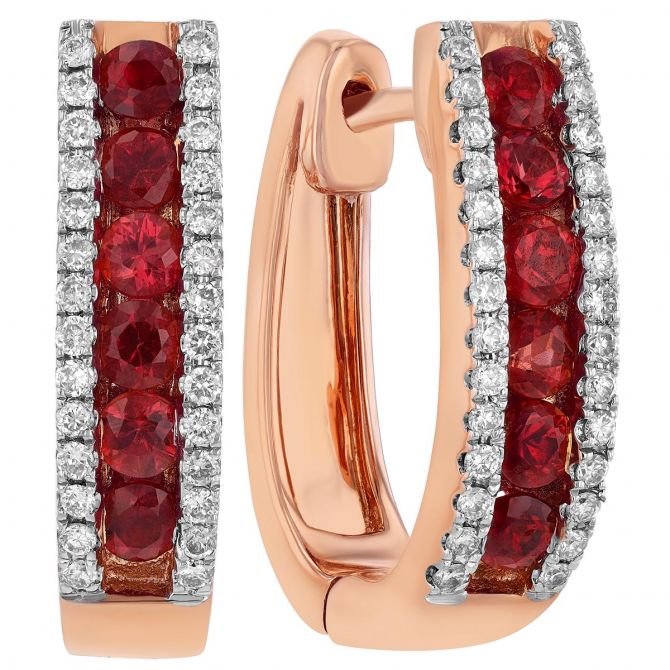 Round Orange Sapphire & Diamond Channel Set Oval Hoop Earrings in Rose Gold