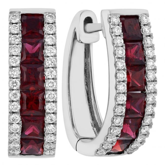 Princess Cut Ruby & Diamond Channel Set Oval Hoop Earrings in White Gold