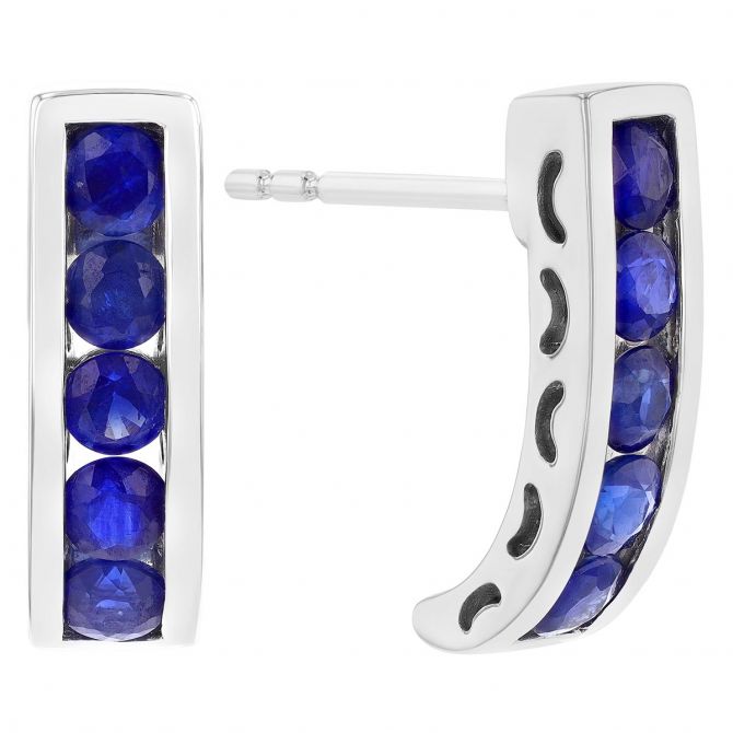 Round Sapphire Channel Set Curved Bar Stud Earrings in White Gold