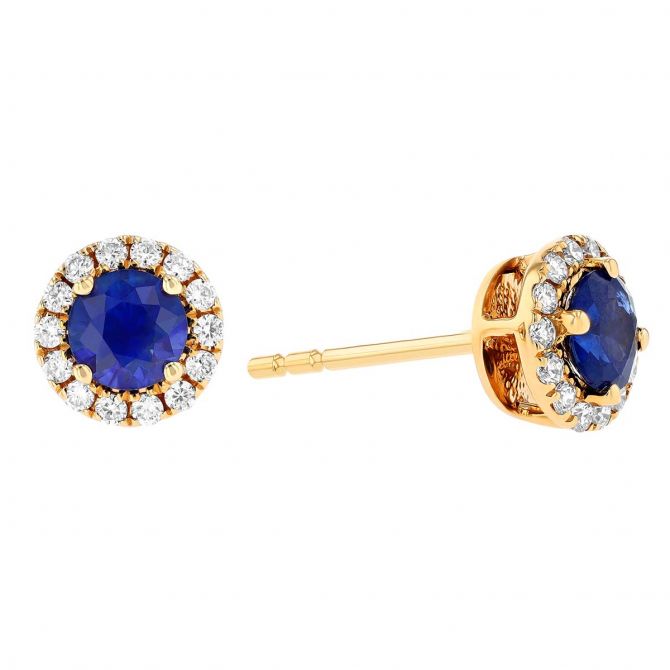 Round Sapphire & Diamond Halo Stud Earrings in Yellow Gold, 0.99 tw