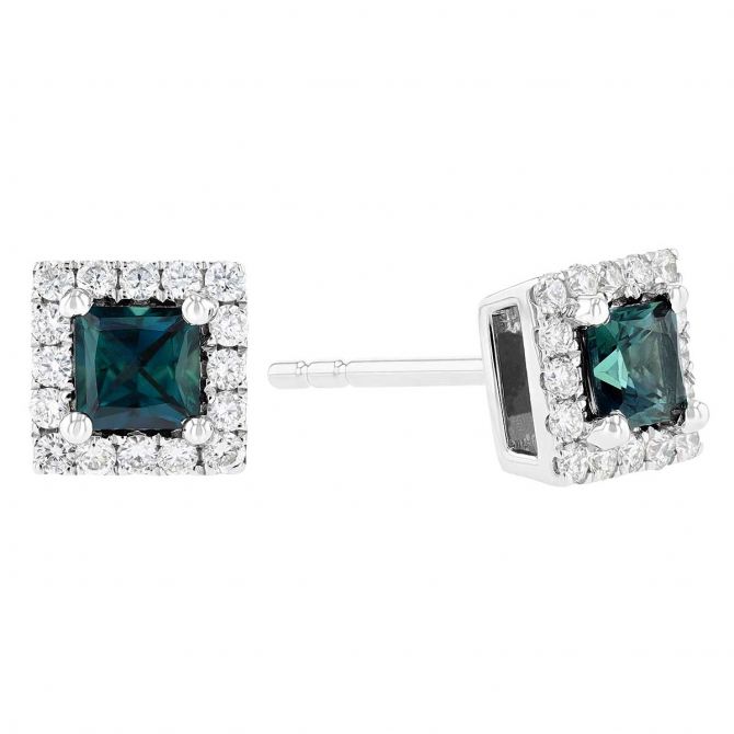 Princess Cut Sapphire & Diamond Halo Square Stud Earrings in White Gold