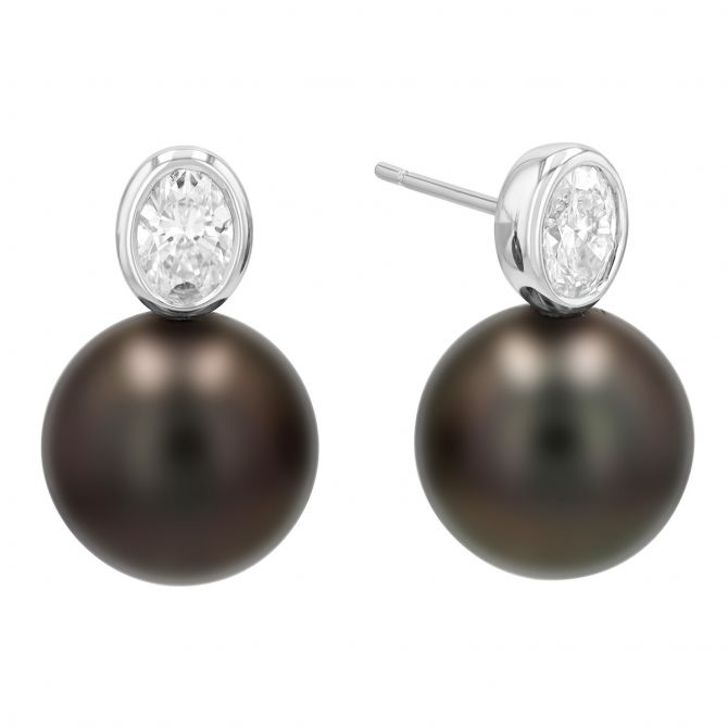 TARA Pearls Black Tahitian South Sea Cultured Pearl & Oval Diamond Drop Earrings in White Gold