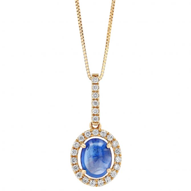 Oval Cabochon Sapphire & Diamond Halo Pendant in White Gold