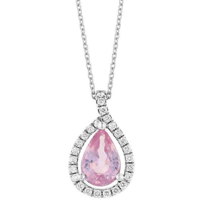 Pear Shaped Pink Sapphire & Diamond Open Halo Pendant in White Gold